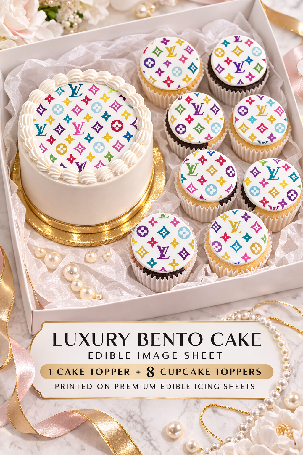 Designer Inspired Luxury Bento Cake Topper & Cupcake Toppers – Edible Image Icing Sheet (1 Cake + 8 Cupcake Toppers) | Australia Wide