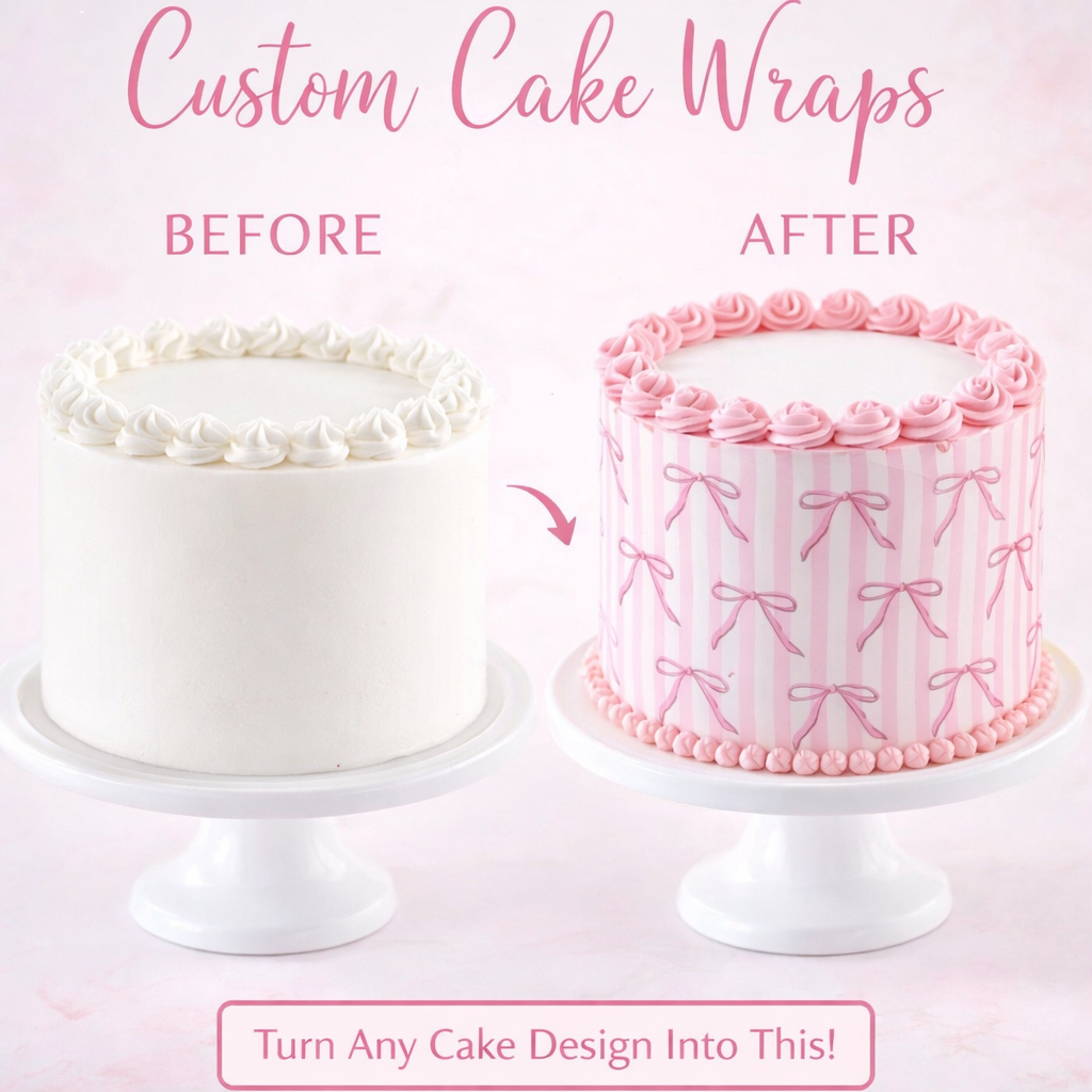 Pink Bow Cake Wrap – Edible Cake Image Wrap | Feminine Birthday Cake Wrap | Custom Printed Icing Sheet Cake Decoration