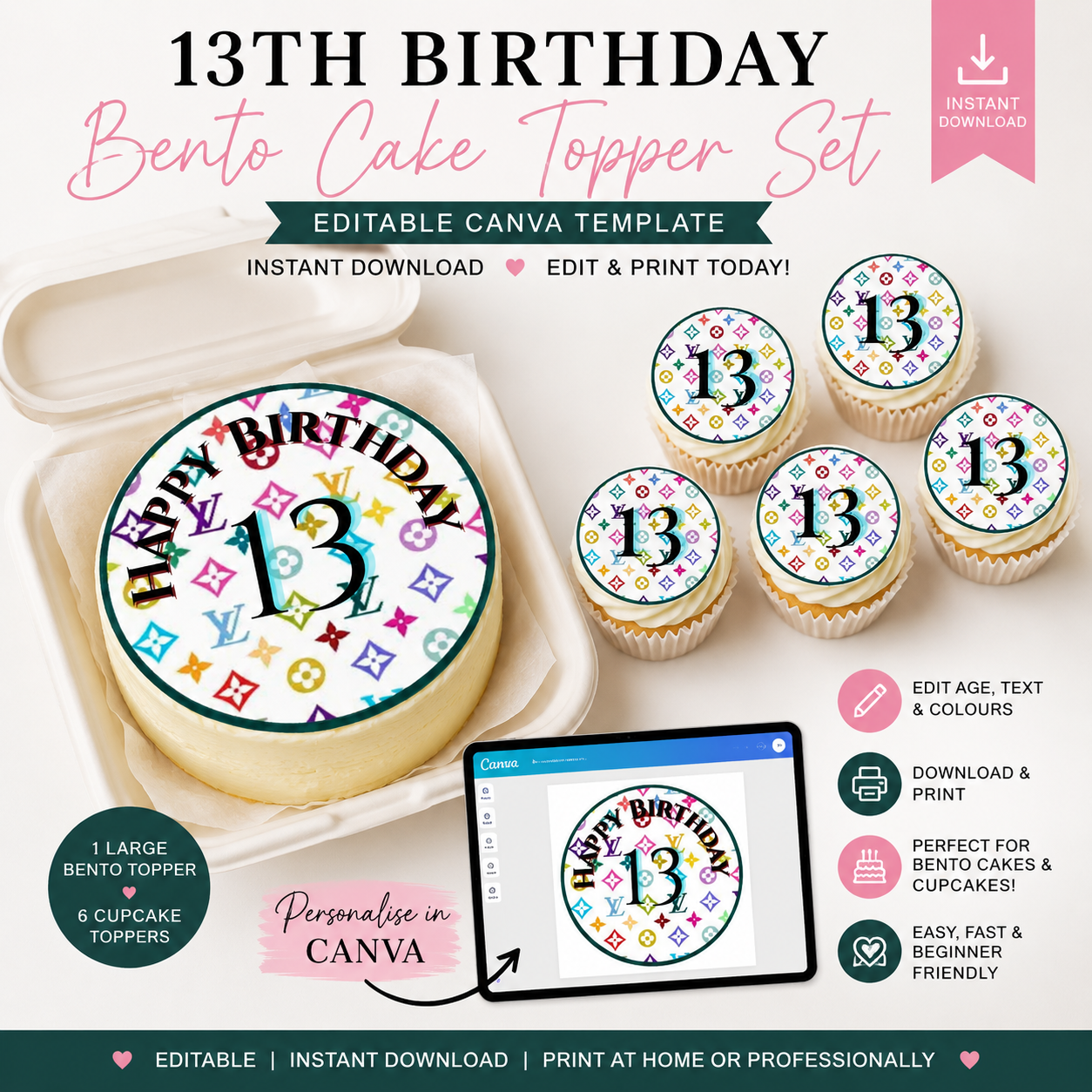Designer Inspired Bento Cake Topper Template – Editable Name and number Birthday Cupcake Toppers – Instant Canva Download