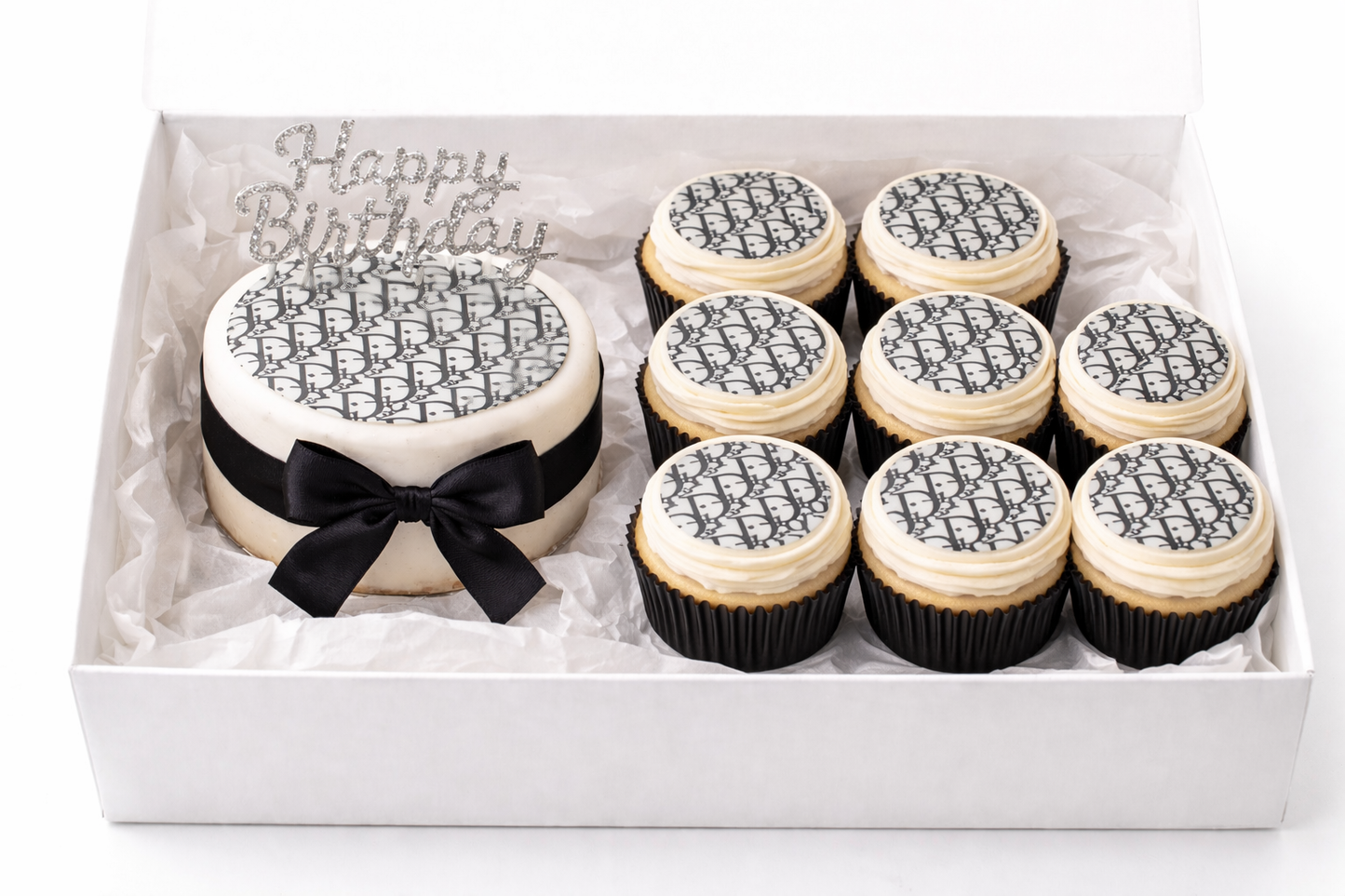 Dior-Inspired Edible Image A4 Sheet – Bento Cake Topper + 8 Cupcake Toppers | Luxury Cake Wrap Australia