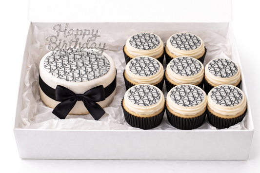 Dior-Inspired Edible Image A4 Sheet – Bento Cake Topper + 8 Cupcake Toppers | Luxury Cake Wrap Australia