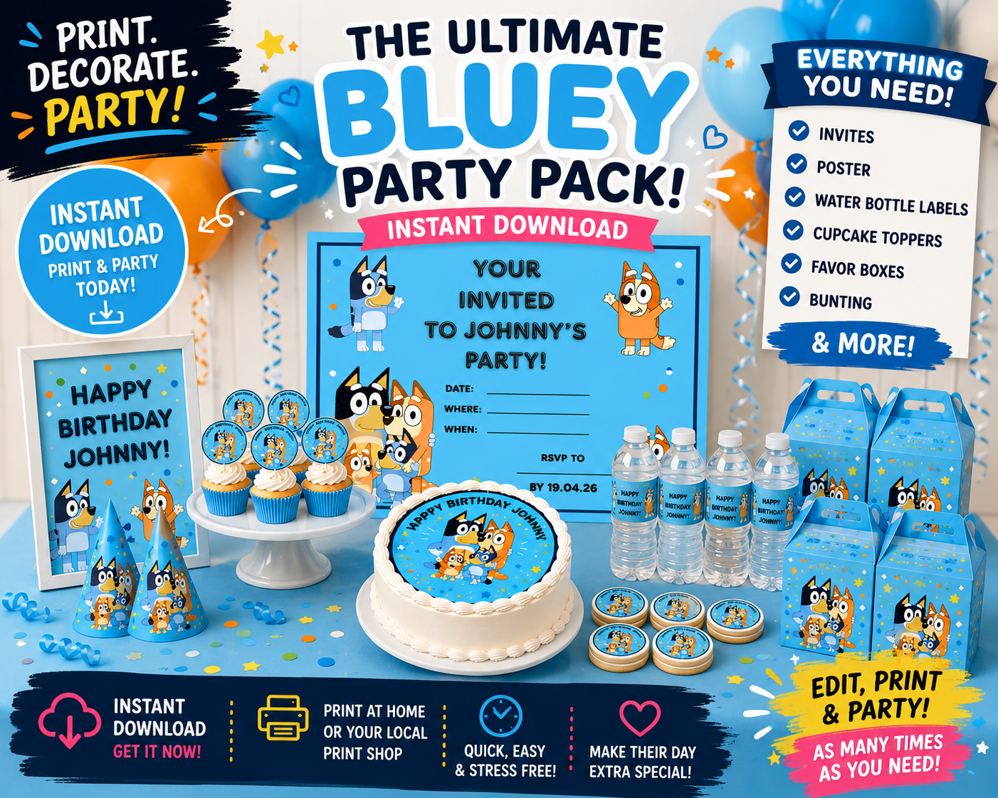 Bluey Birthday Party Printable Bundle | Editable Instant Download Party Pack | Invitations, Cake Toppers, Water Bottle Labels & Decorations