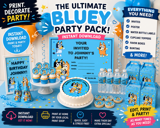 Bluey Birthday Party Printable Bundle | Editable Instant Download Party Pack | Invitations, Cake Toppers, Water Bottle Labels & Decorations