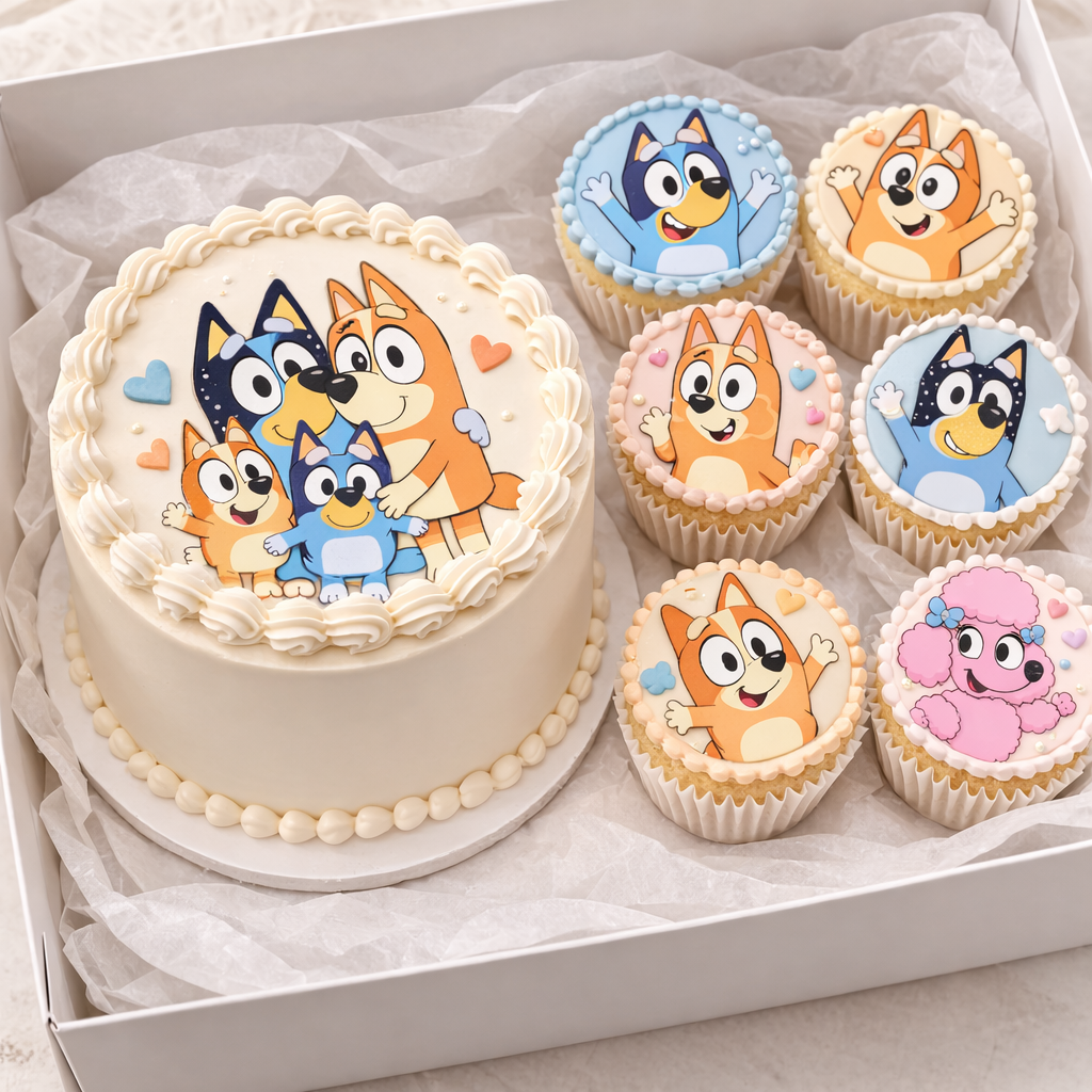 Bluey Bento Cake & Cupcake Edible Image Pack | DIY Party Cake Toppers | 5” Cake + 8 Cupcake Toppers | Premium Icing Sheet | Australia