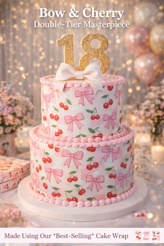 Bow & Cherry Cake Wrap | Coquette Aesthetic Edible Cake Image | Vintage Bow Birthday Cake Wrap | A4 Icing Sheet | DIY Cake Decorating Australia