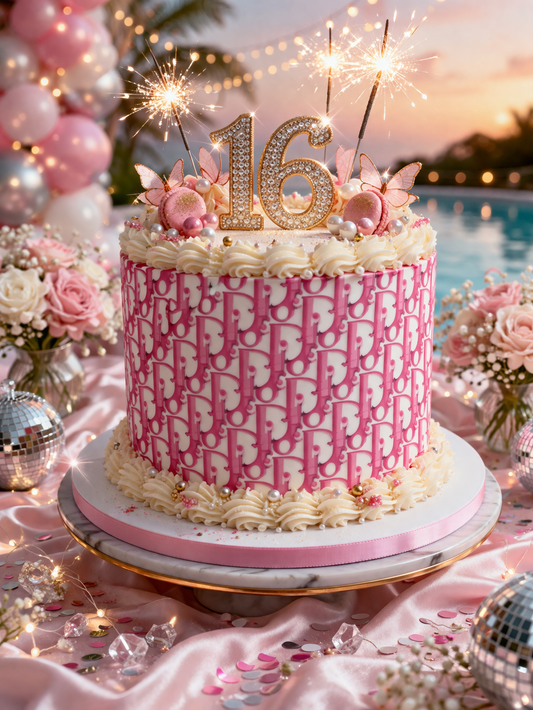 Pink Dior-Inspired Cake Wrap A4 Edible Image | Luxury Birthday Cake Topper | Australia Wide Shipping