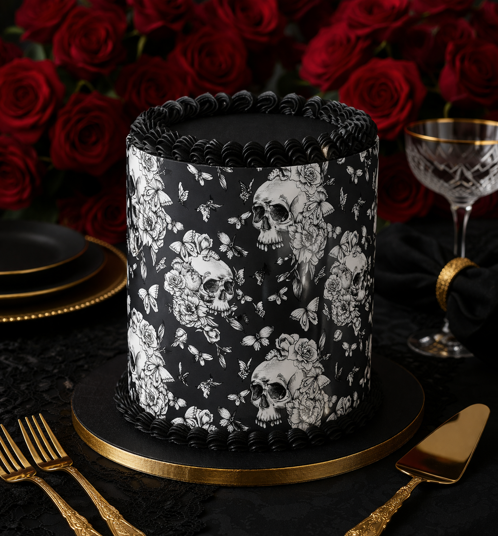 Gothic Skull Cake Wrap A4 Edible Image | Black Floral Skull Cake Topper | Custom Cake Wrap Australia