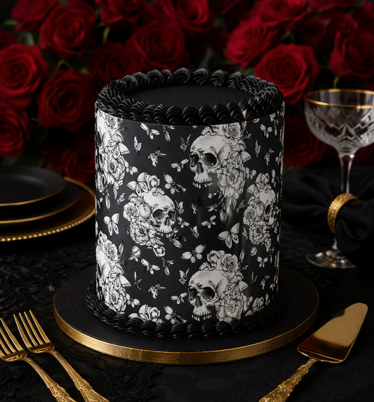 Gothic Skull Cake Wrap A4 Edible Image | Black Floral Skull Cake Topper | Custom Cake Wrap Australia