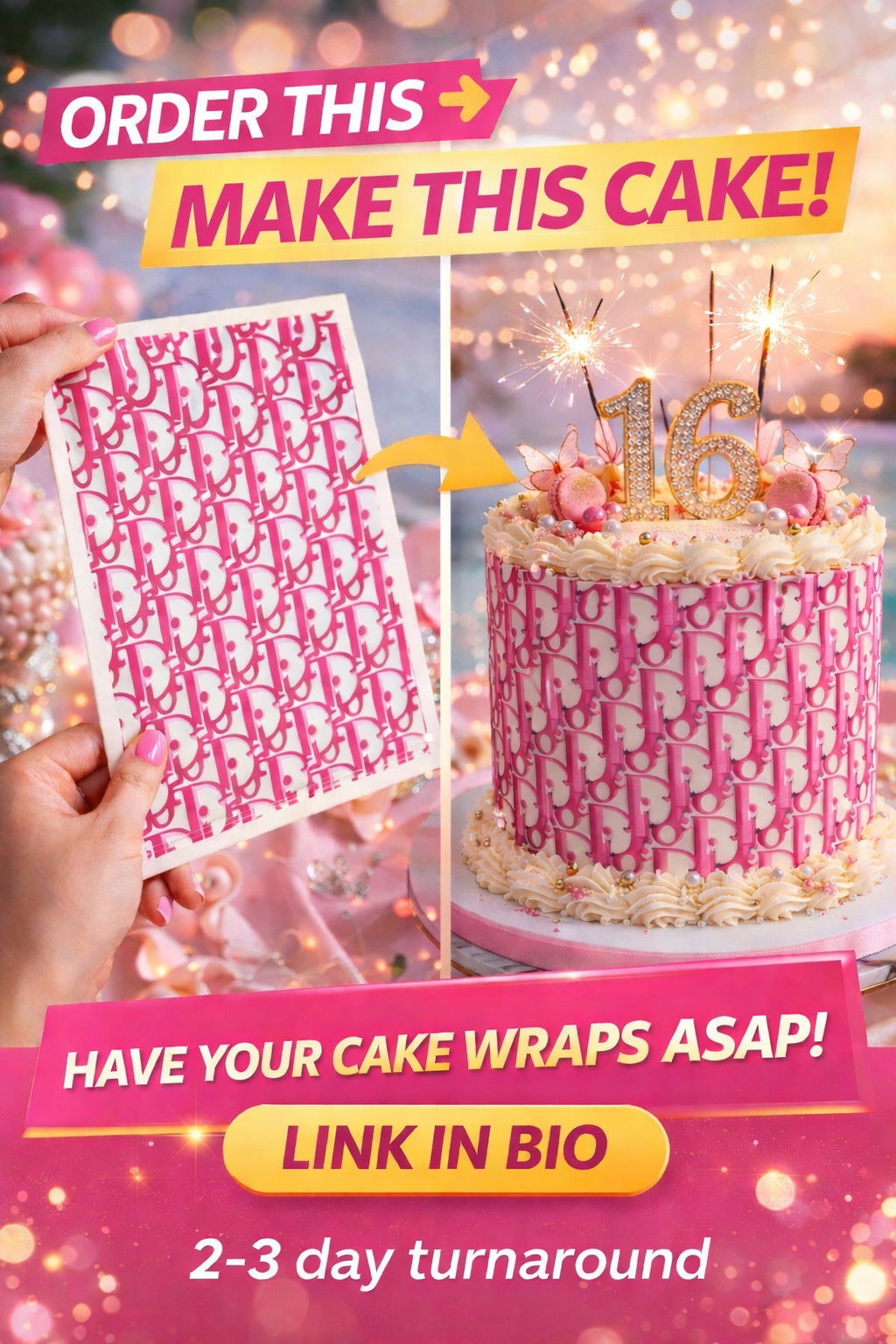 Pink Dior-Inspired Cake Wrap A4 Edible Image | Luxury Birthday Cake Topper | Australia Wide Shipping