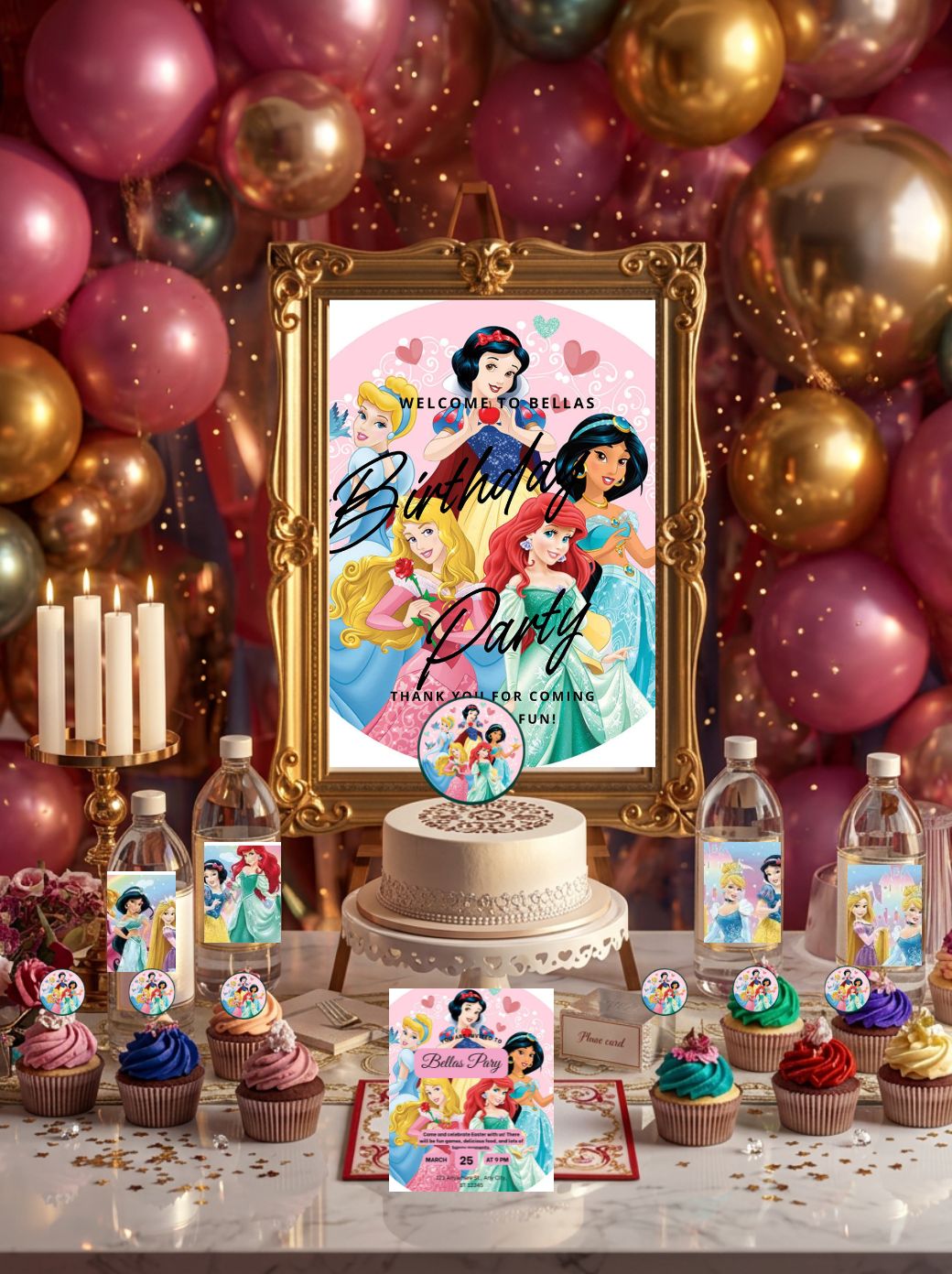 Disney Princess Birthday Party Bundle Template Set | Editable Instant Download | Cake Topper, Cupcake Toppers, Water Bottle Labels, Party Sign & Invitation