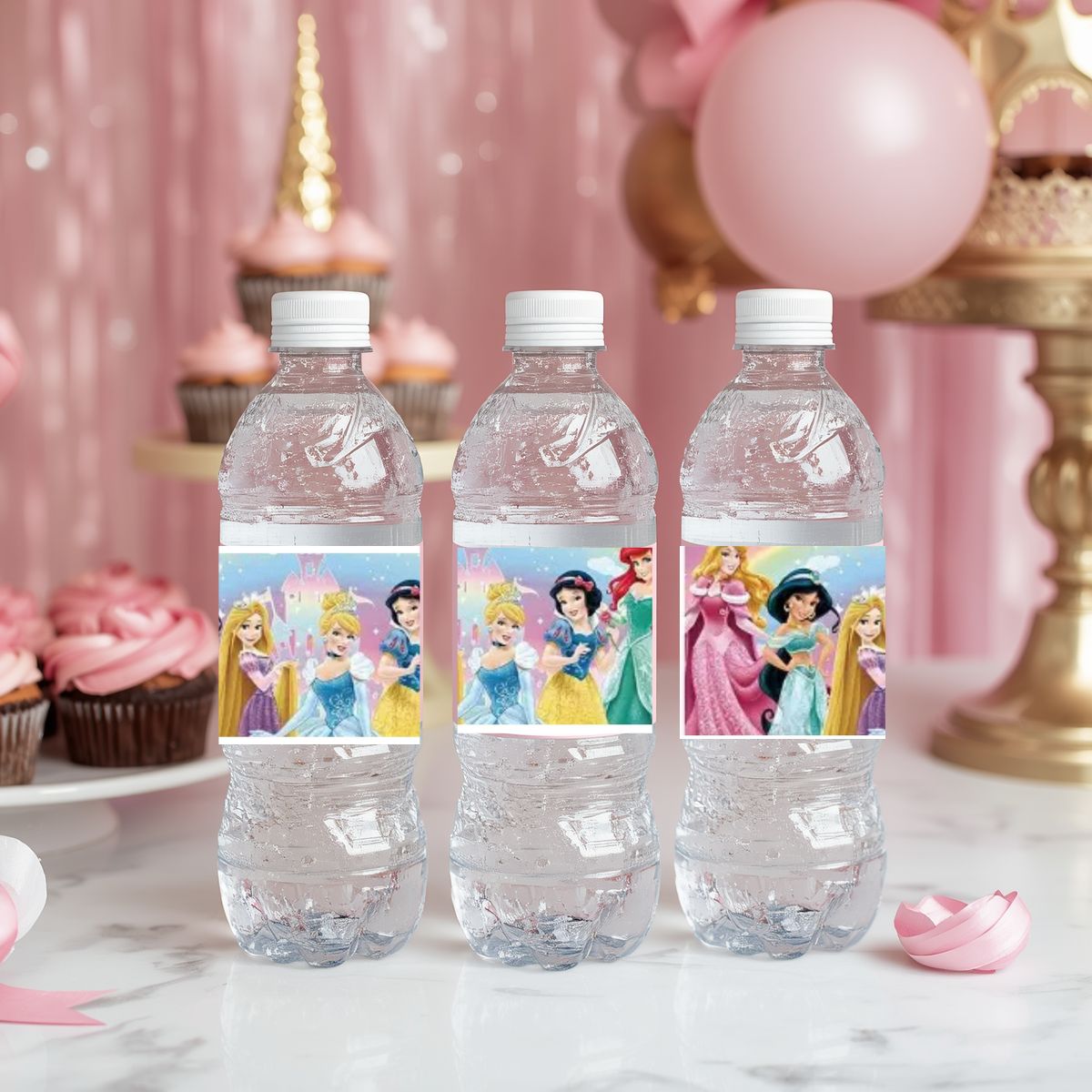 Disney Princess Birthday Party Bundle Template Set | Editable Instant Download | Cake Topper, Cupcake Toppers, Water Bottle Labels, Party Sign & Invitation